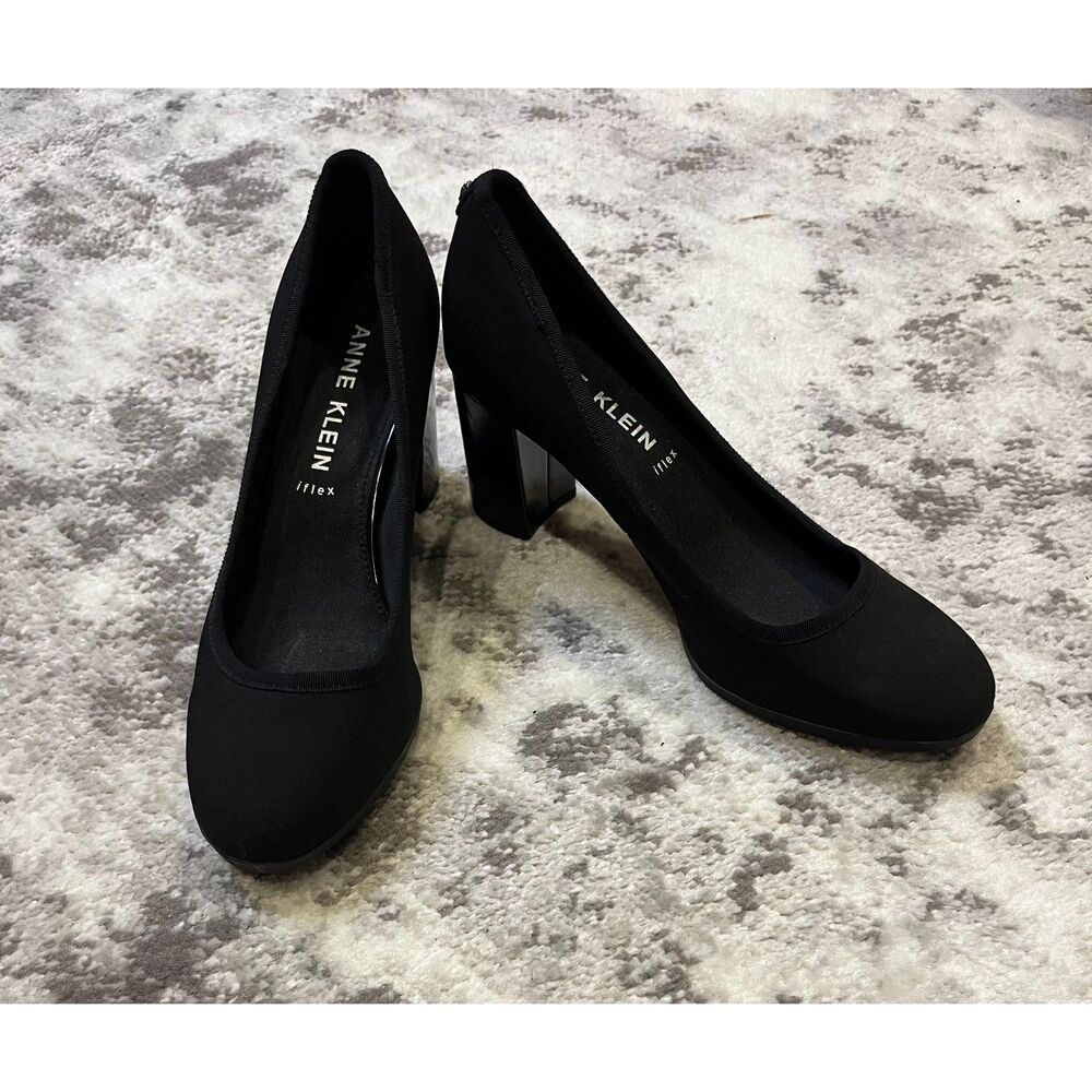 Anne Klein iFlex Carole Fabric Slip On Pumps Block Heel BLACK Sz 9.5